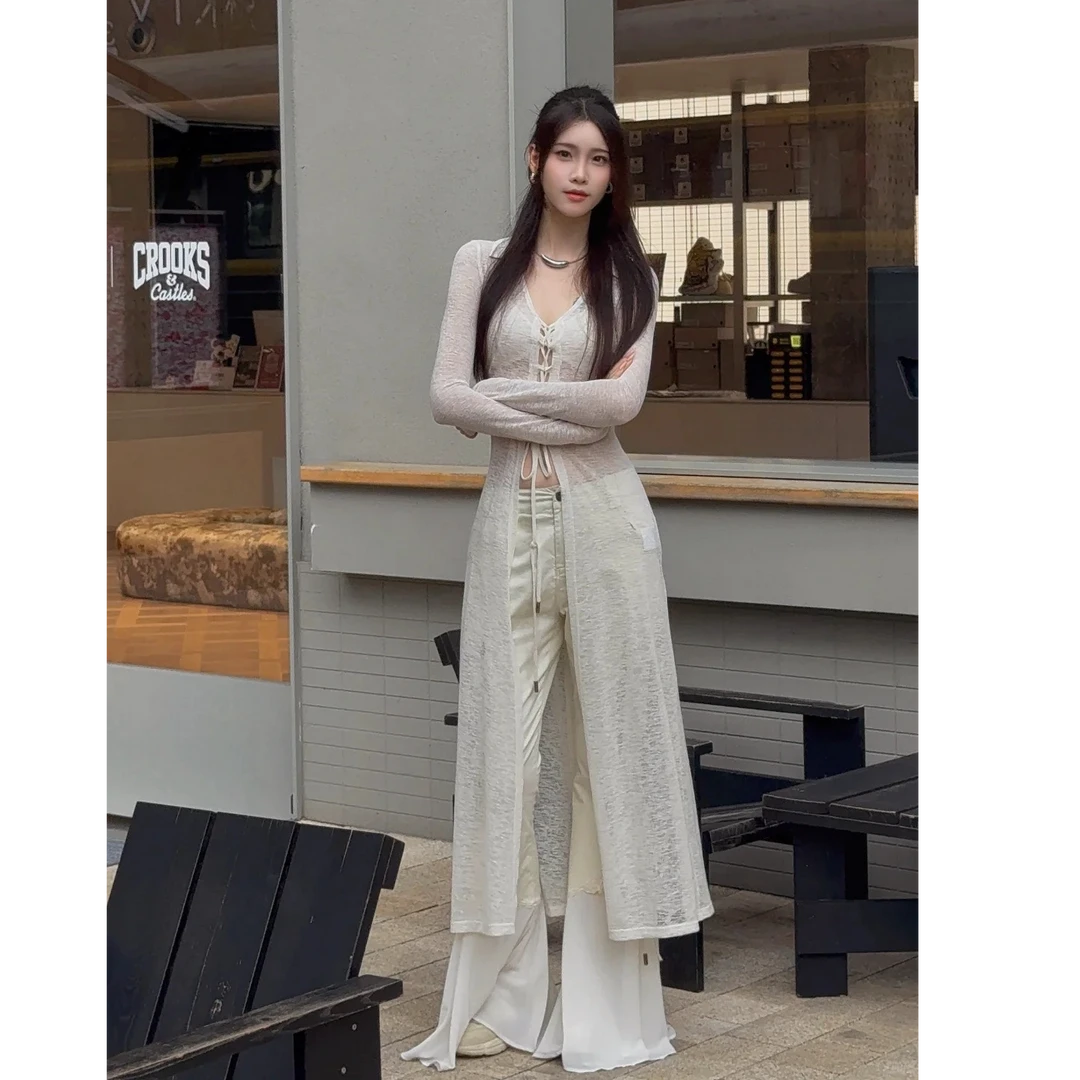 设计感v领系带长款秋冬新款开衫女气质宽松长袖防晒罩衫配休闲裤