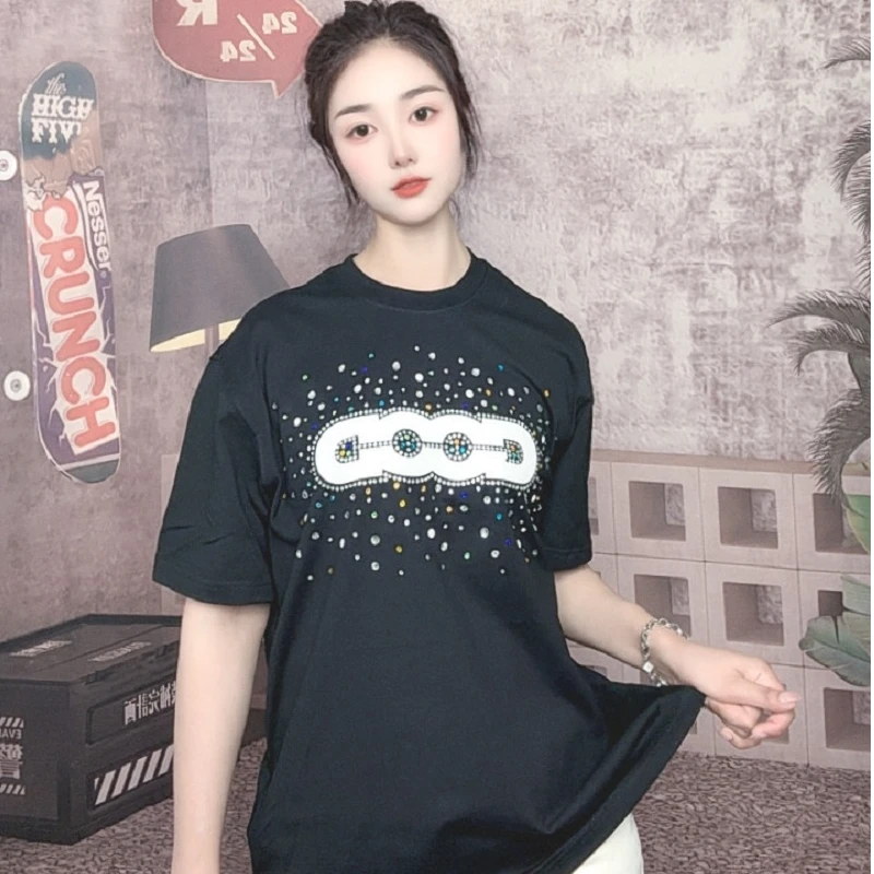 糖果宝石时尚印花短袖t恤男女同款重磅夏季女款宽松黑色