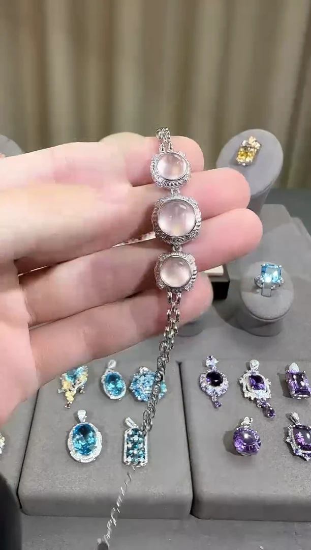 银S925镶嵌手链芙蓉石12mm星光粉水晶手链设计款