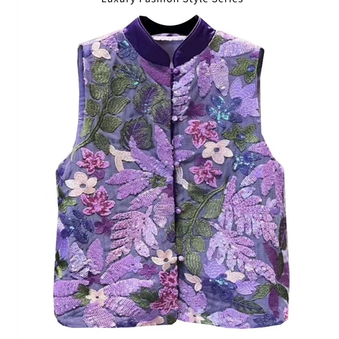 新中式绣珠 国风马甲网红时尚百搭复古民族风立领提花