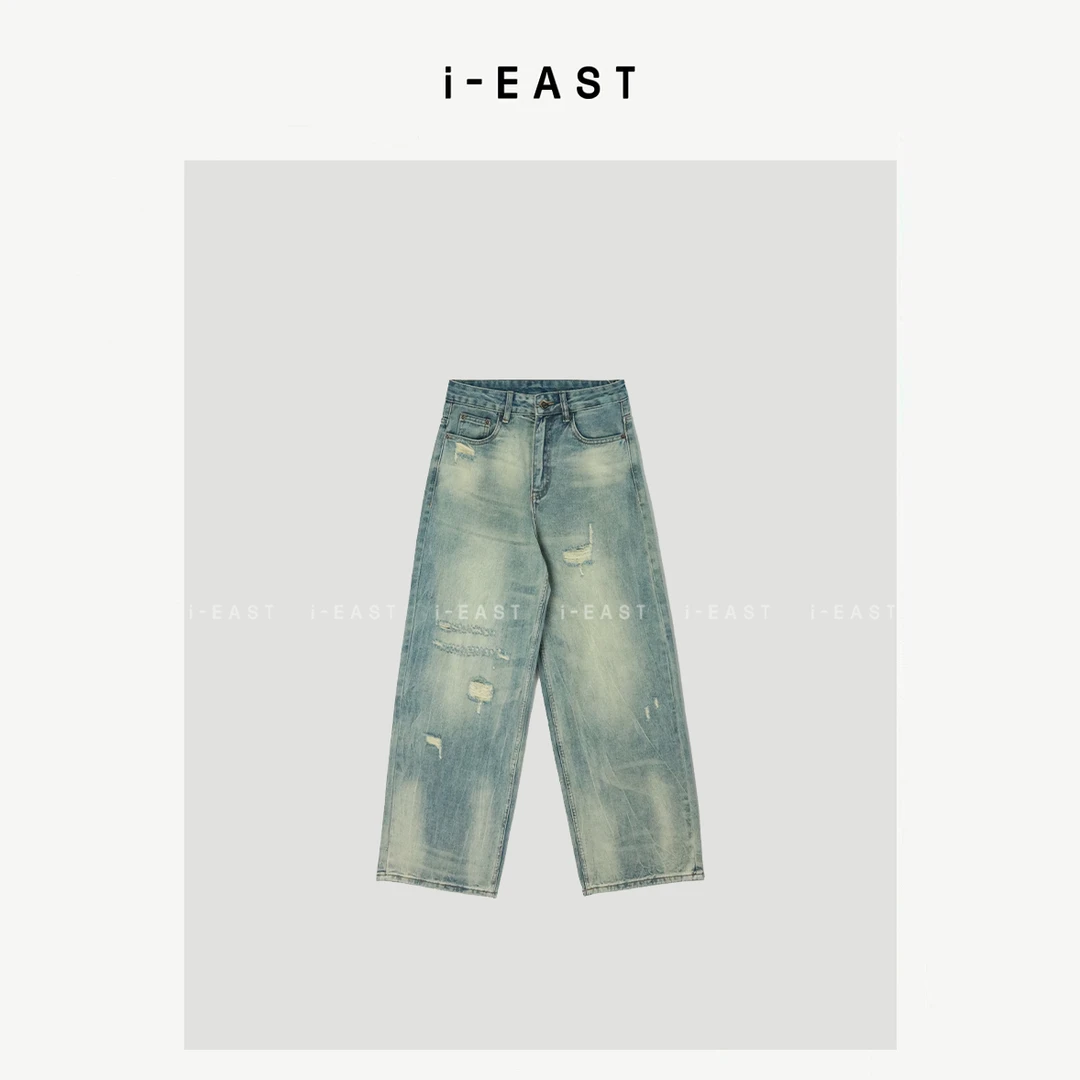 i-EAST 瘦腿助攻裤~做旧割破设计感牛仔裤-5C K13410
