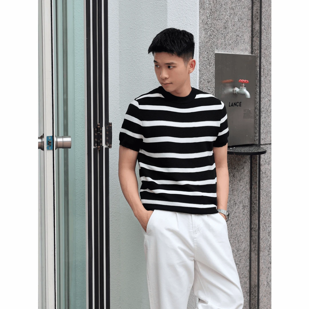 秋季针织短袖男士新款弹力圆领条纹薄款T恤修身时尚百搭简约
