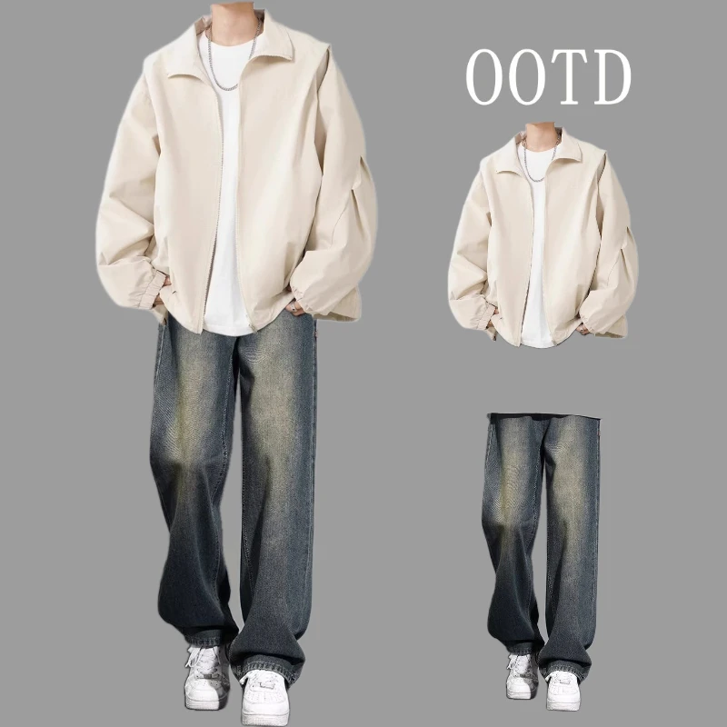 春秋款潮流冲锋衣长袖拉链男生套装痞帅学生青少年两件套宽松外套