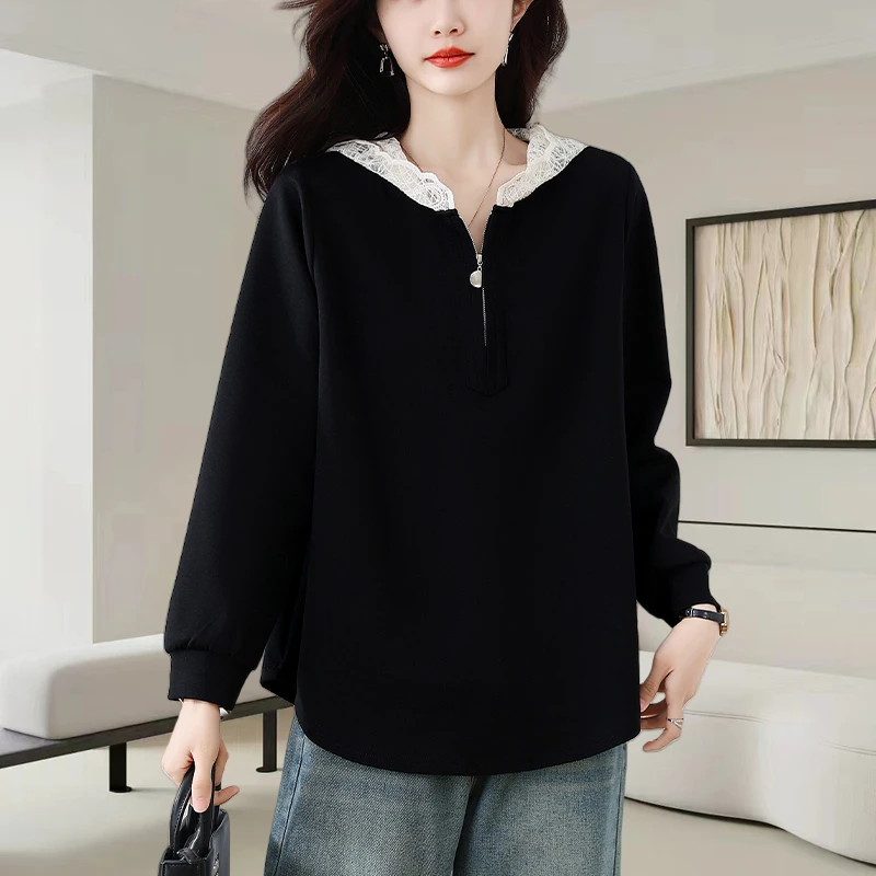2025秋季新款黑色蕾丝连帽长袖T恤女时尚大码减龄设计感百搭上衣