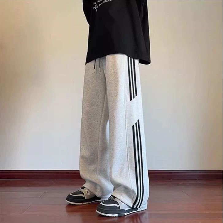 灰色三条杠裤子男春秋美式潮牌垂感直筒裤高级感痞帅休闲运动卫裤