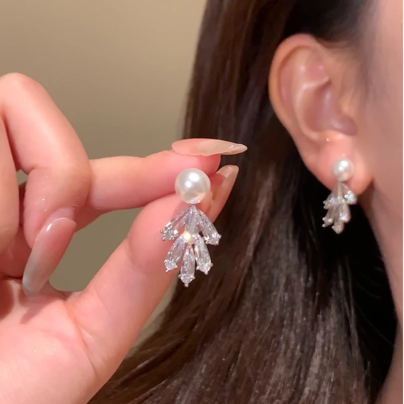 芒果饰品 铜合金锆石耳饰 闪锆麦穗流苏珍珠耳环女气质耳钉耳饰