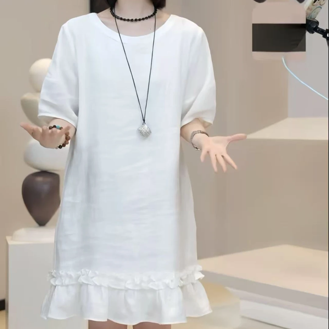 【静】夏季先手亚麻后背蕾丝拼接木耳下摆花边连衣裙