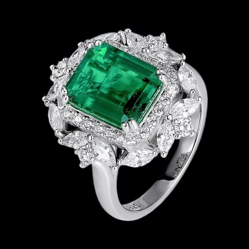 925银戒指 时尚精美培育绿宝银戒指P0233