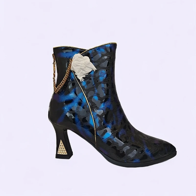 法式细跟高跟侧拉链绒里气质时尚时装靴百搭短靴冬粗跟hy5011