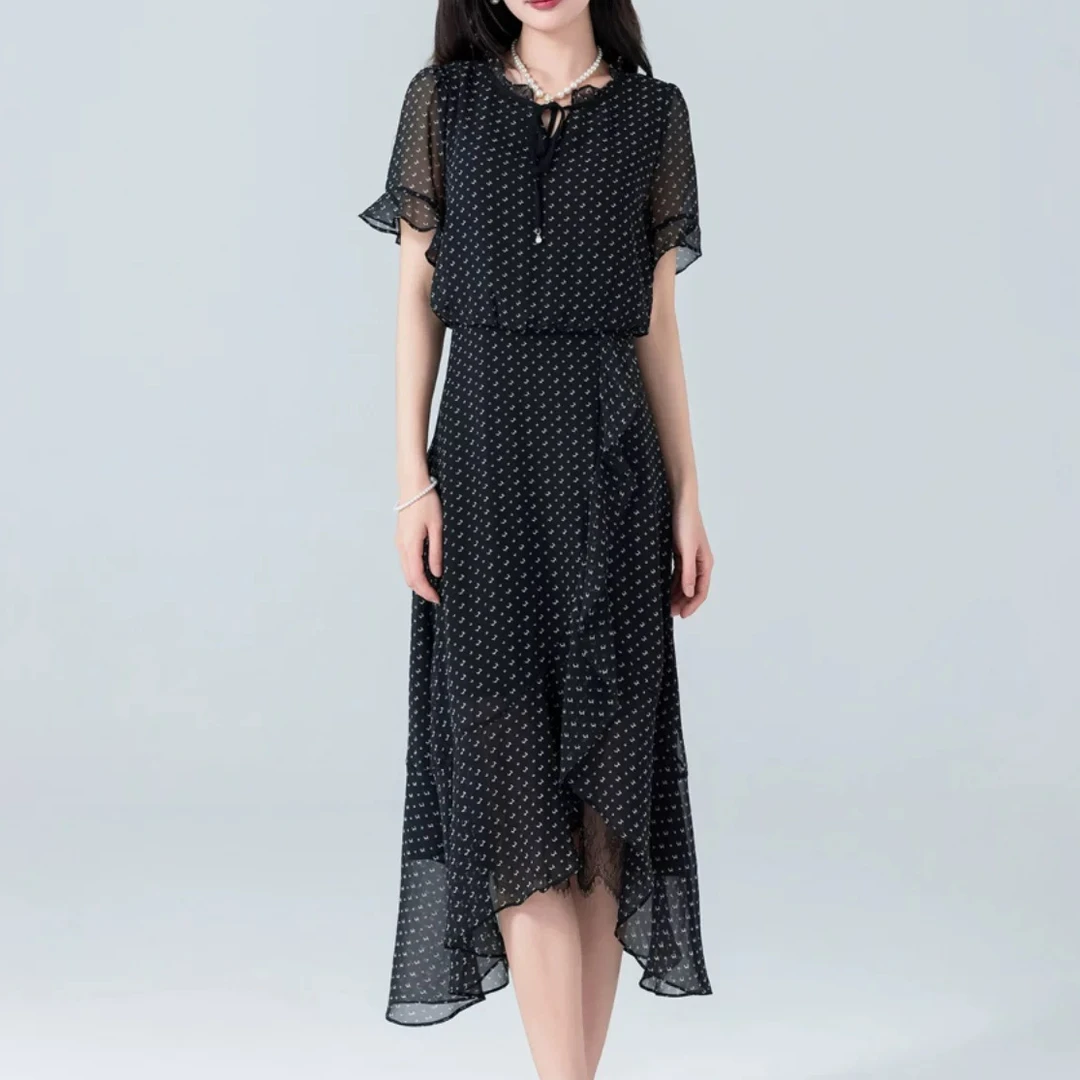 L113网纱飘逸仙女遮肉修身荷叶边泡泡袖连衣裙