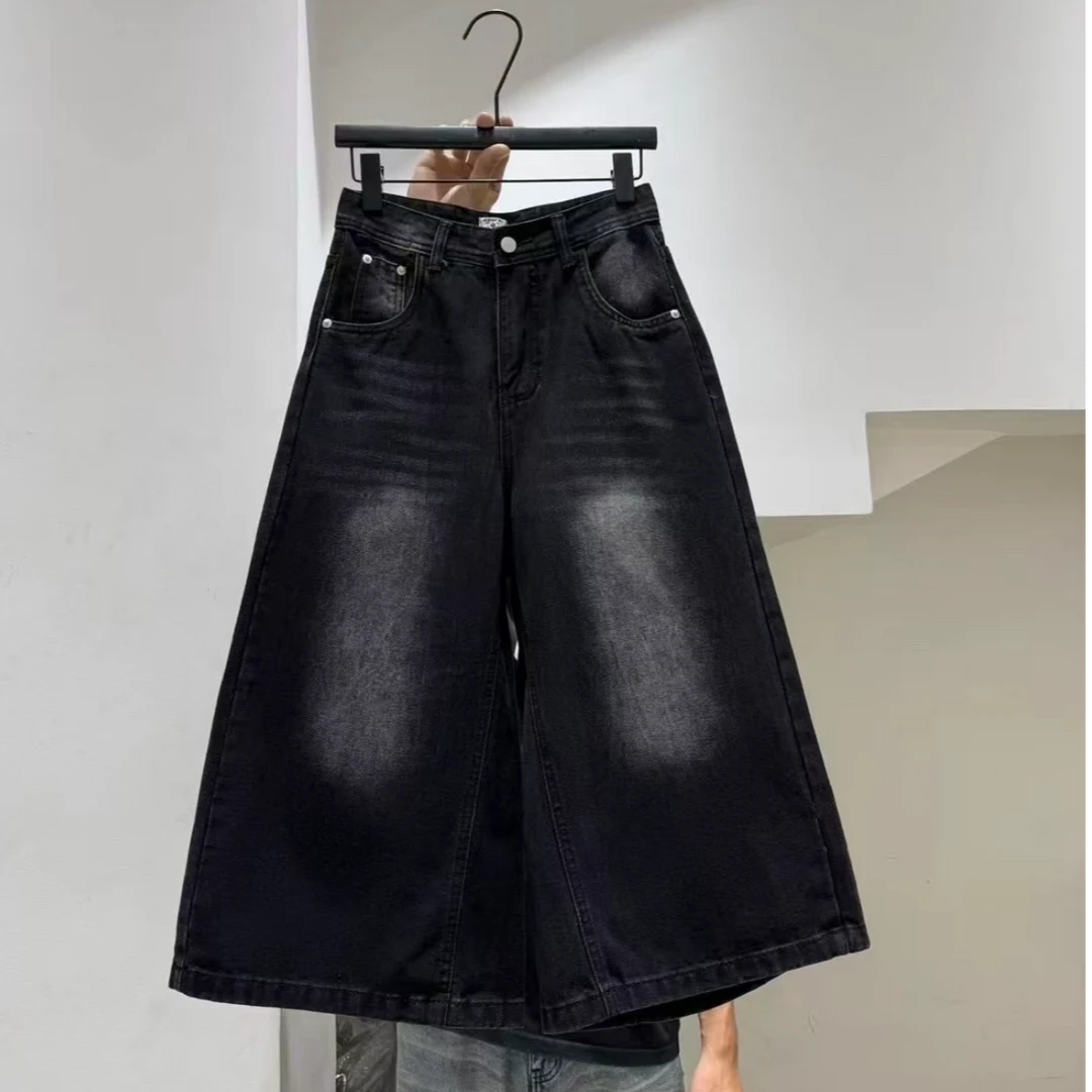 美式复古黑灰做旧阔腿七分牛仔裤女夏新款低腰宽松八分