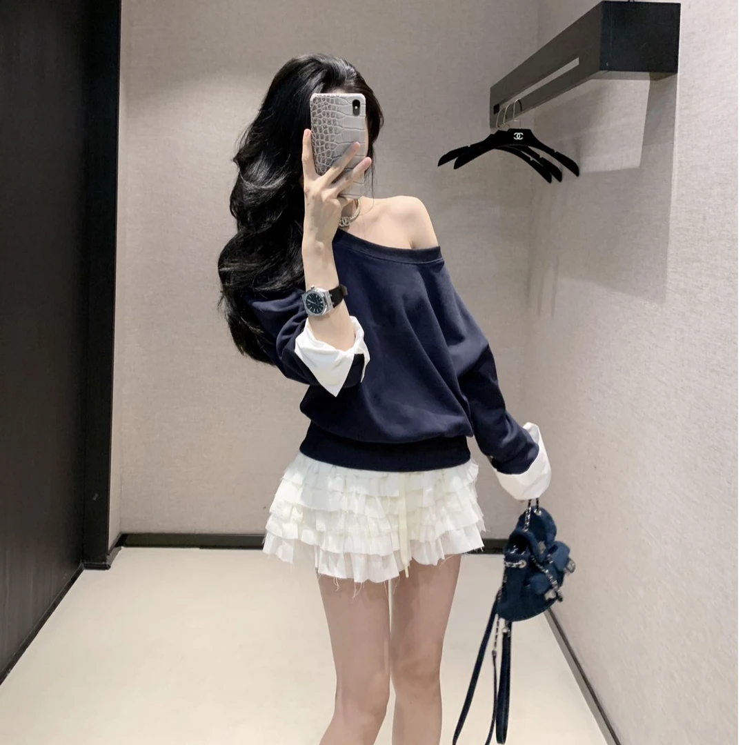 蕾丝韩式小众休闲风拼接上衣显瘦洋气长袖性感辣妹短裙时尚两件套