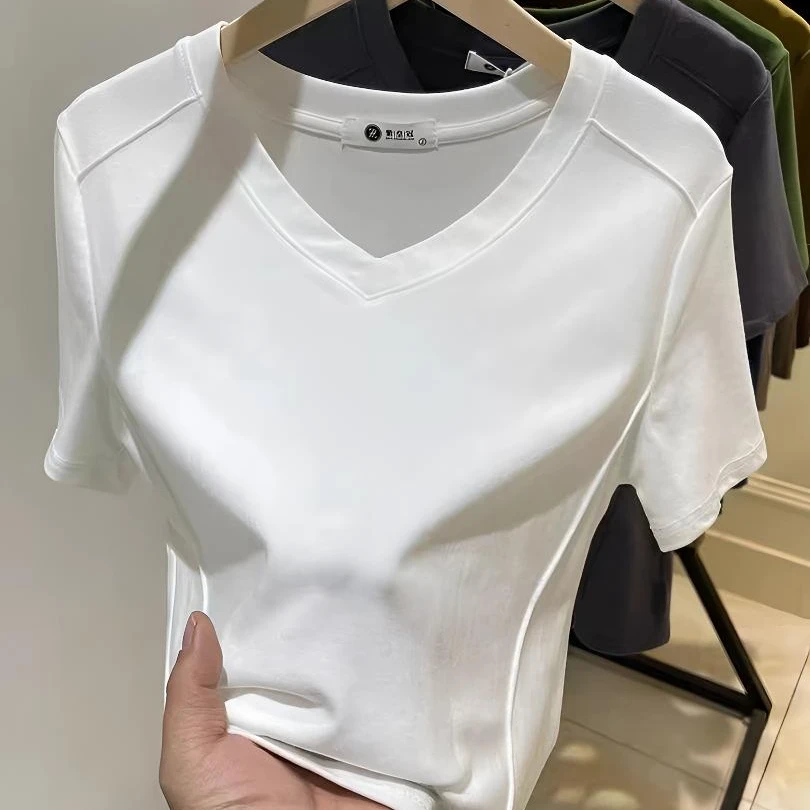 【95棉】V领鱼骨正肩短袖t恤春夏修身设计感打底衫内搭显瘦低领上衣