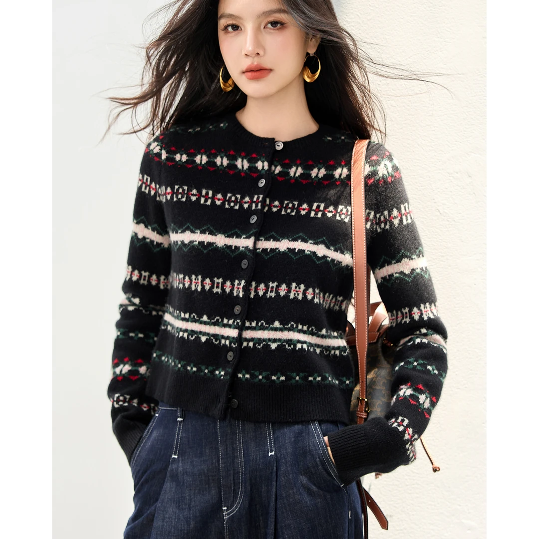 2025新款费尔岛绒感冰岛花色短款休闲毛衣开衫