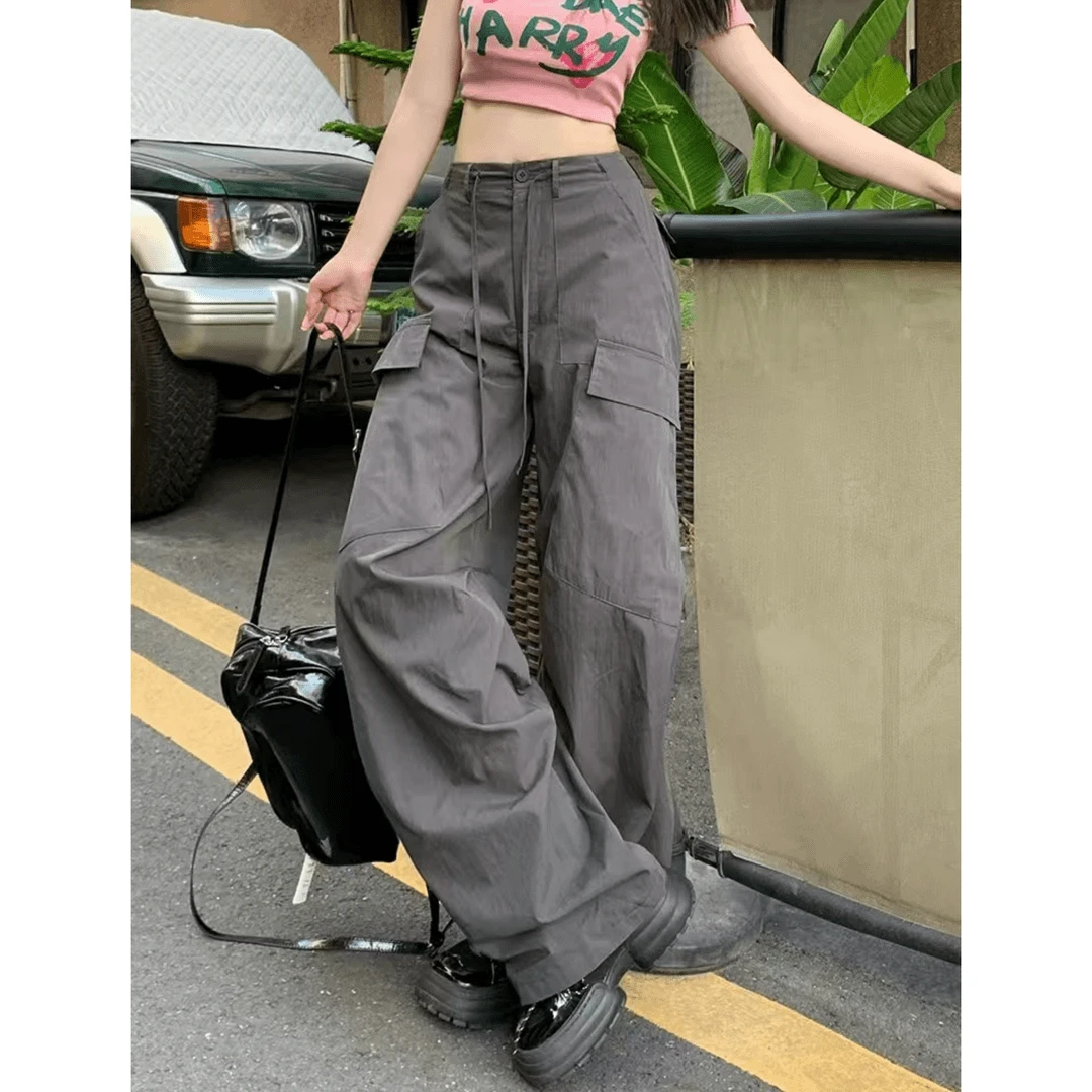 美式街头潮流高腰工装裤设计感伞兵裤运动显瘦宽松百搭直筒阔腿裤