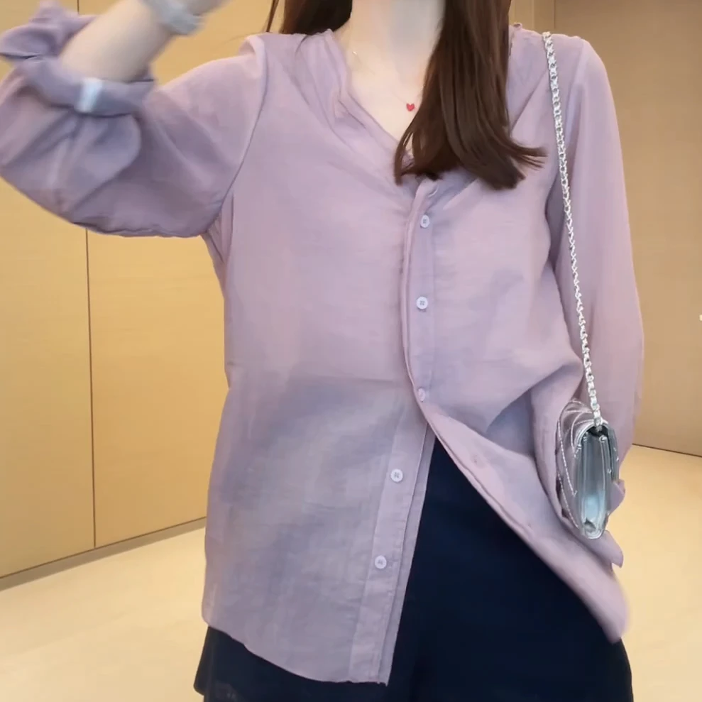 韩系简约夏季新品双层花边V领微透宽松衬衫C5627