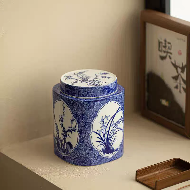 DD圣藏青花梅兰竹菊君子罐大容量茶叶罐中式仿古茶叶罐普洱罐L51