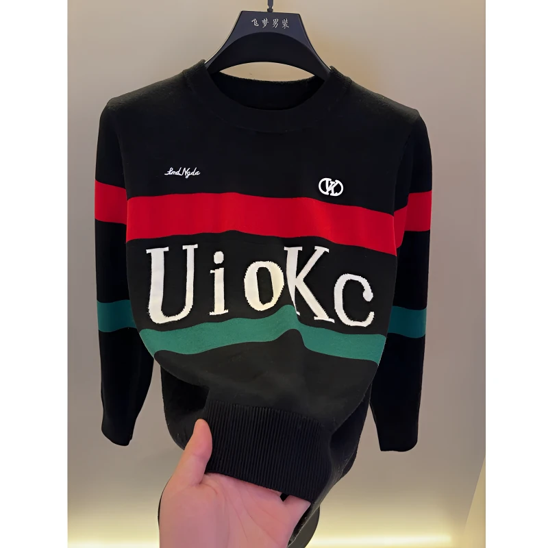 高档圆领提花字母针织衫毛衣男士秋冬时尚潮流保暖打底衫男装5097