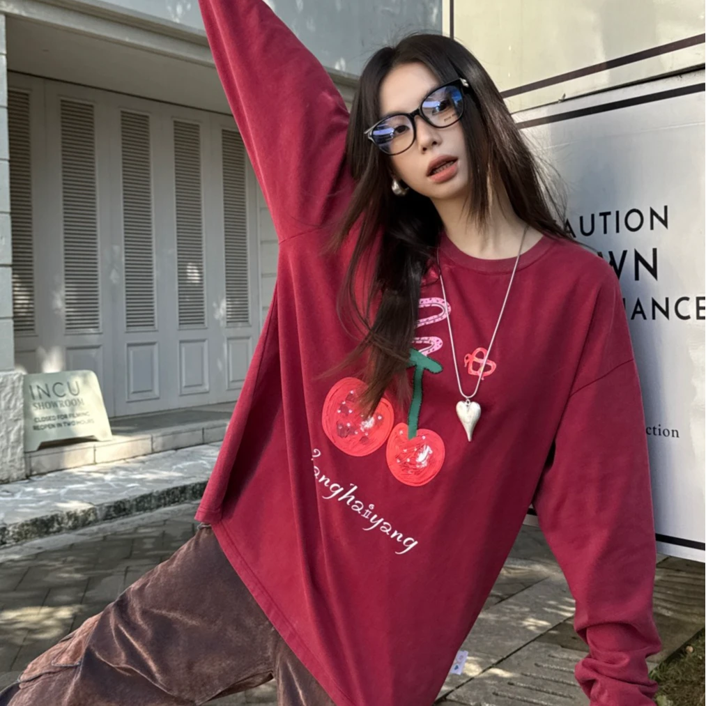 【妹妹专属】YANGHAIYANG 洗水手绘樱桃钉珠上衣