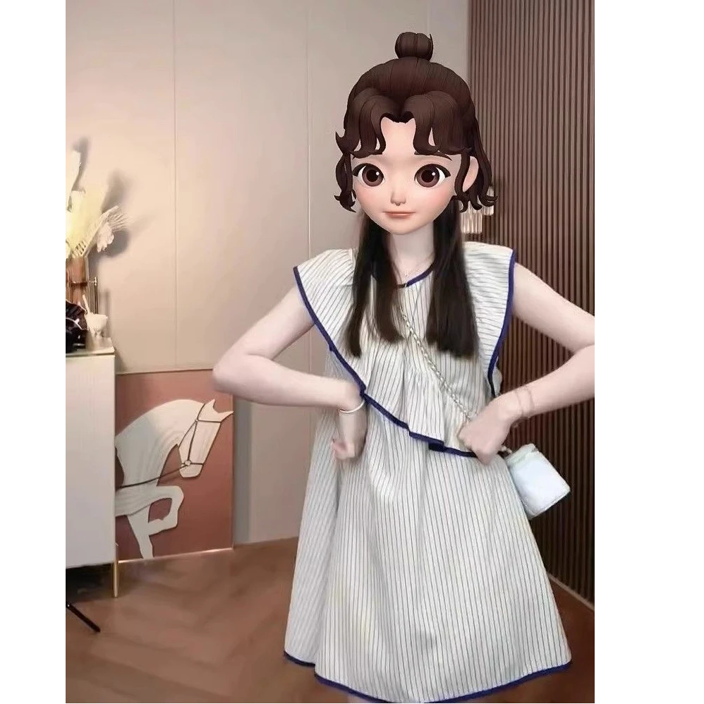 条纹小飞袖连衣裙女夏季2025新款韩系荷叶边不规则无袖娃娃衫裙子
