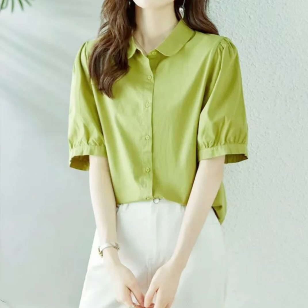 7751-五分袖自带挺阔感全棉衬衫（牛油果绿）