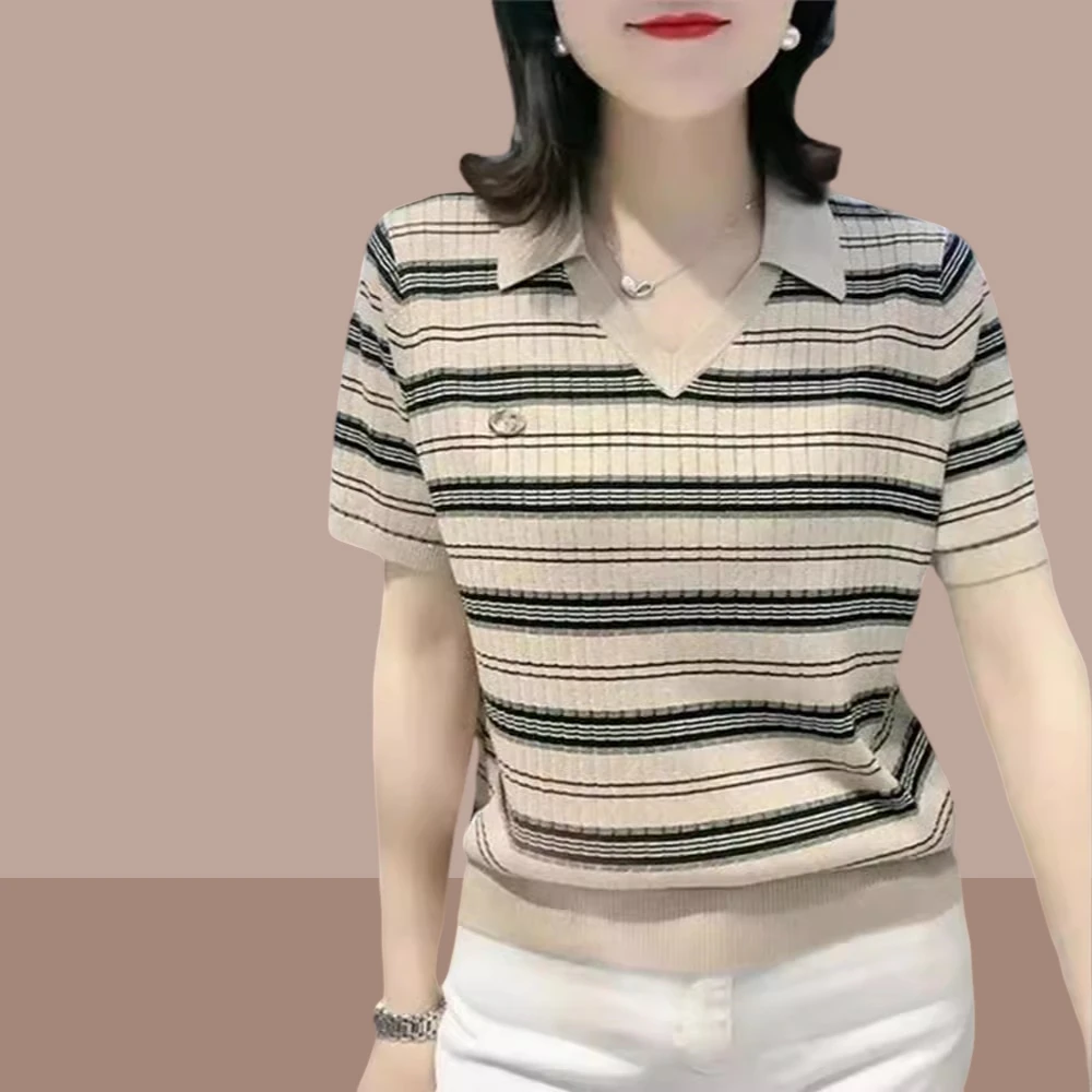 条纹冰丝针织衫短袖t恤女装夏季2025新款显瘦减龄休闲polo领上衣