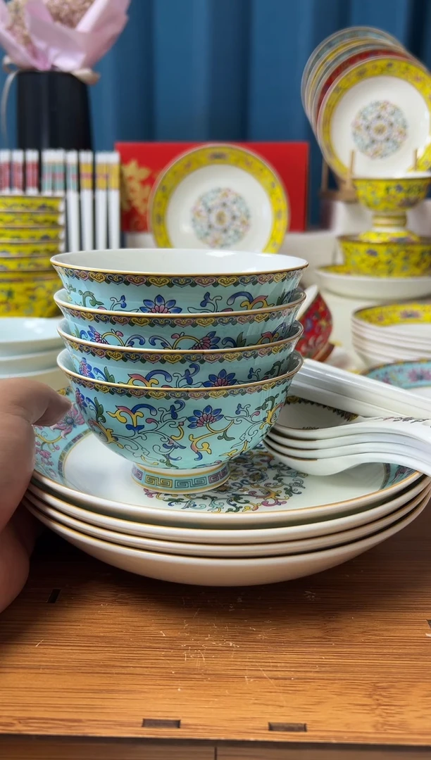 22件套景德镇珐琅彩餐具 蓝色4碗4盘4勺
