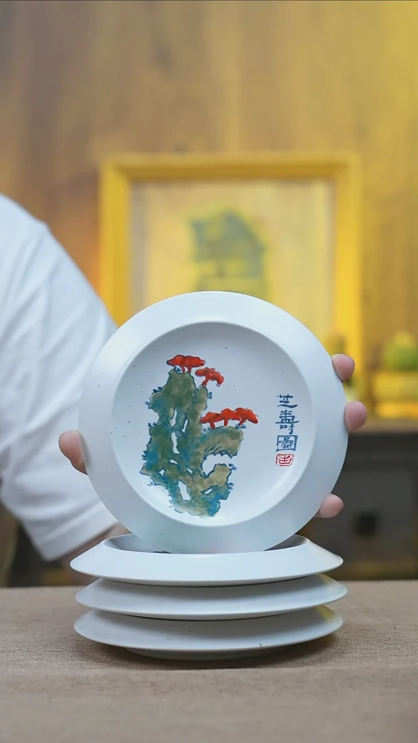 摆件灵芝6英寸粉影花边碗