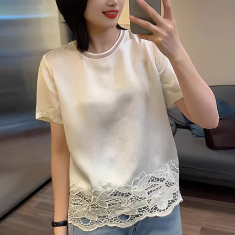 【百吉丽】醋酸重工蕾丝勾花中国风夏季圆领 黄色短袖 WFX328