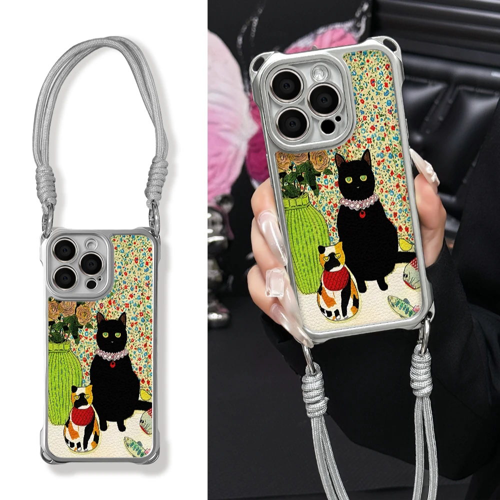 适用于苹果16华为OPPO小米VIVO小众简约电镀四角挂绳手机壳YA0275