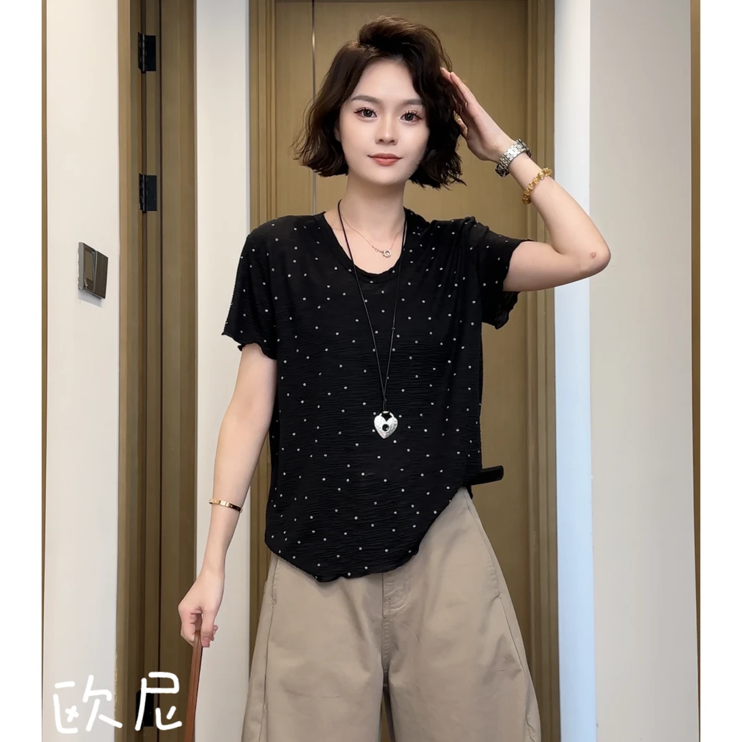 欧尼私服 2025夏设计感V领波点薄款短袖宽松百搭T恤2504C2075
