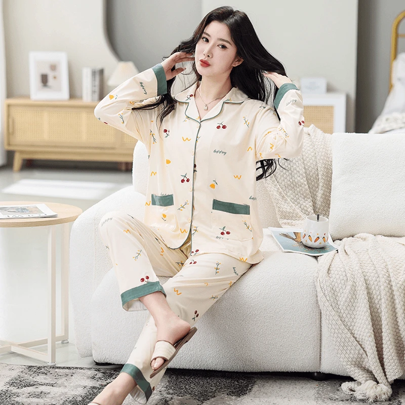 100%纯棉2025春秋新款韩版长袖翻领家居服套装设计感大码睡衣女士