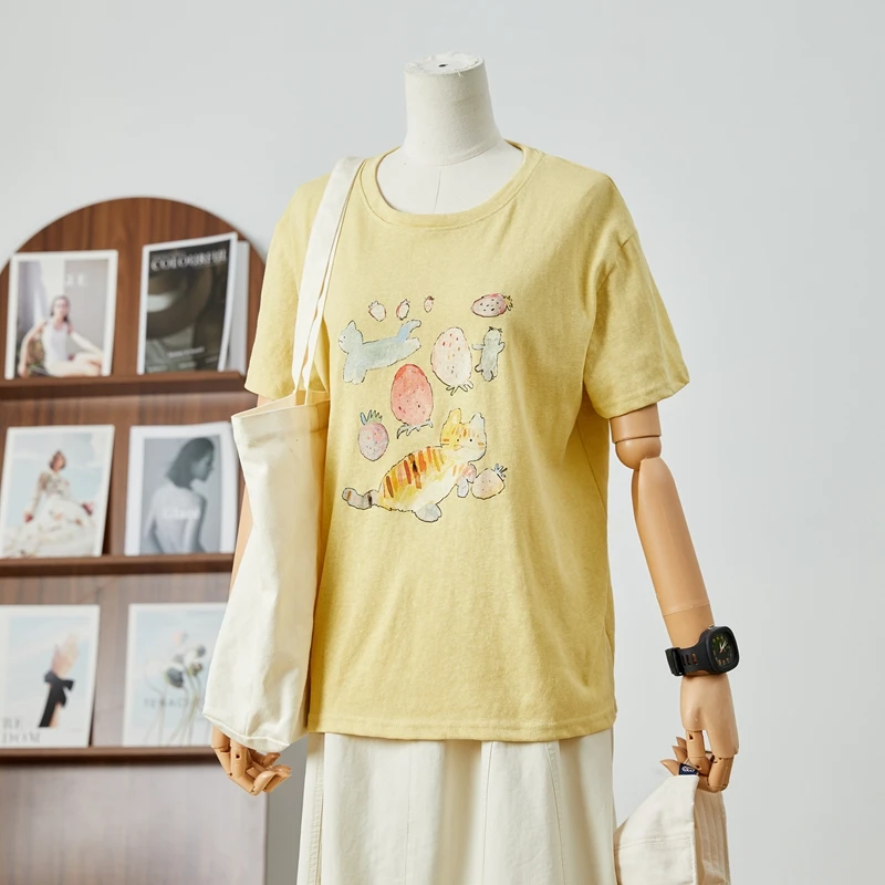 竹节棉夏装宽松休闲蓝色圆领卡通短袖T恤女原宿风草莓印花汗衫