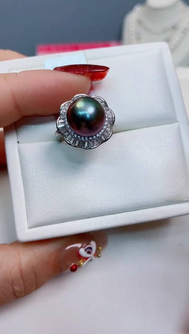【闪购商品】海水珍珠戒指银S925镶嵌大溪地黑珍珠戒指