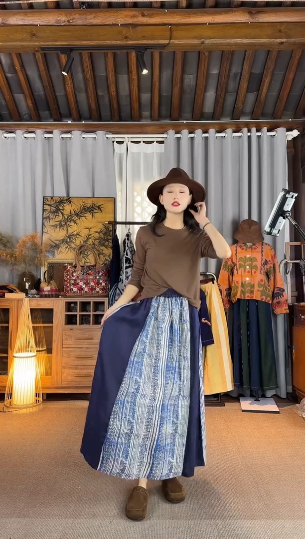设计师款蓝白拼接天丝苎麻蜡染半裙