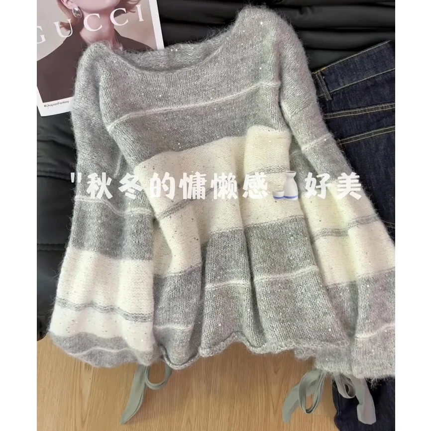 法式蝴蝶结亮片针织衫女秋冬季流光风新款显瘦设计感显瘦条纹上衣