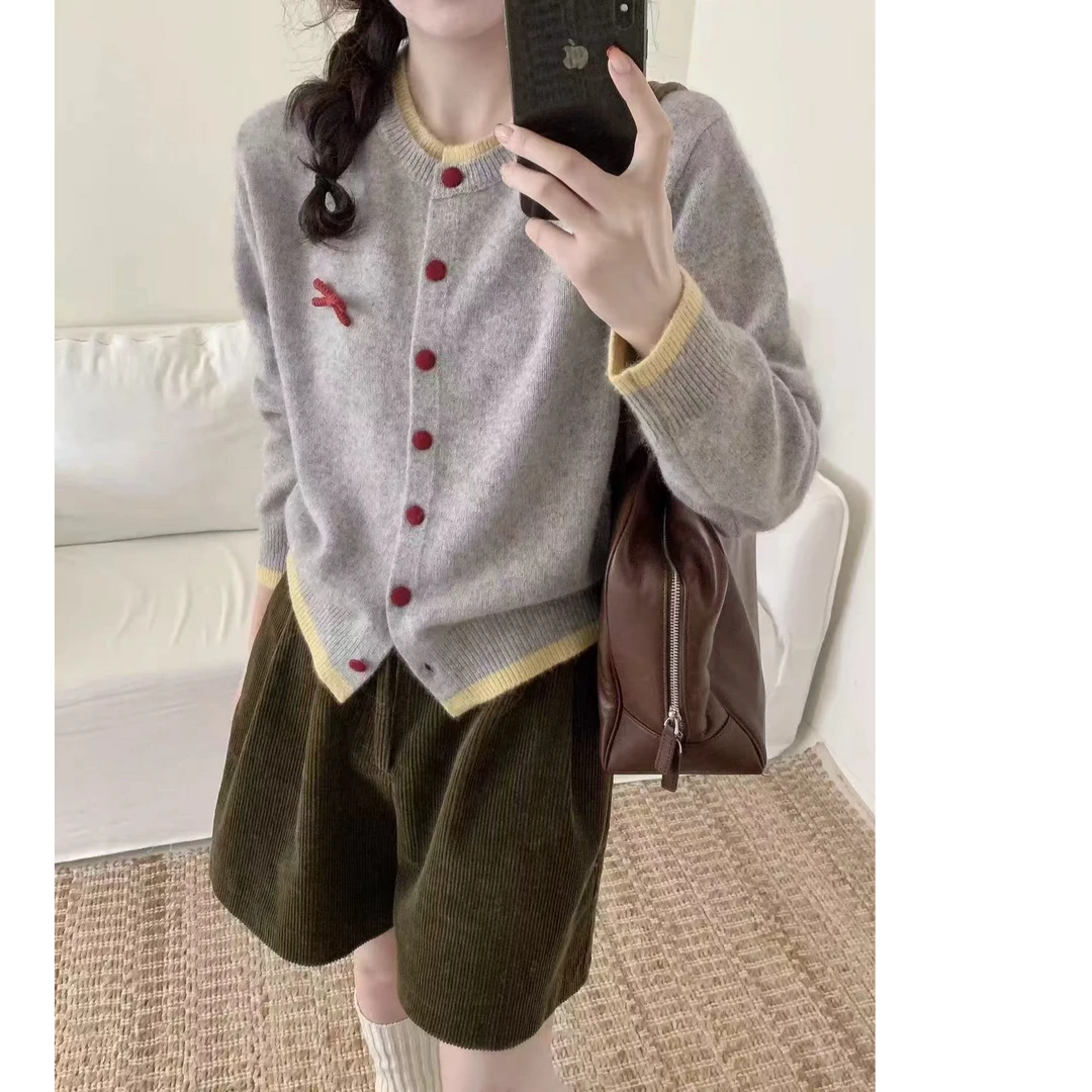 圆领毛衣外套女秋冬新款蝴蝶结外套假两件针织开衫上衣A608