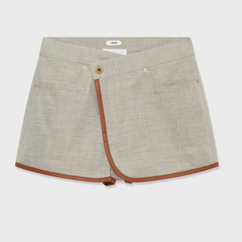 IMMI 25春夏新款简约百搭SURPLUS系列麻斜门襟拼接短款裙裤女款