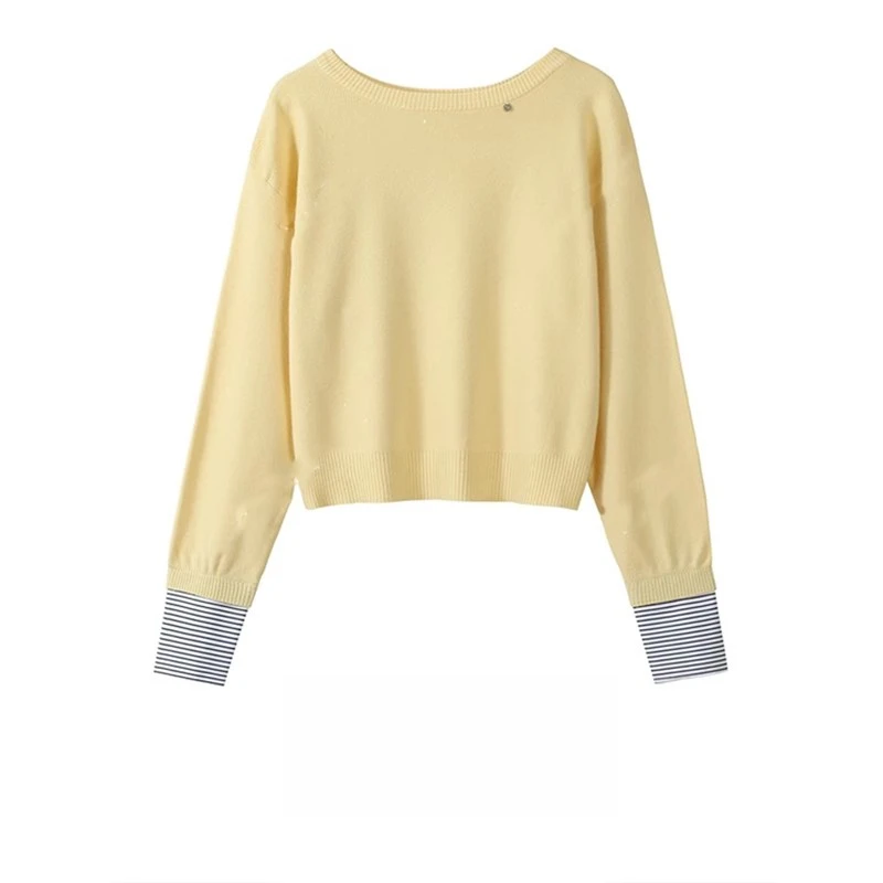 欧货针织衫女2025早春季新款条纹袖口拼接假两件宽松显瘦气质上衣