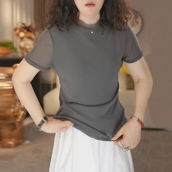 韩版纯色网纱圆领针织衫女夏小个子修身显瘦通勤百搭套头短袖T恤