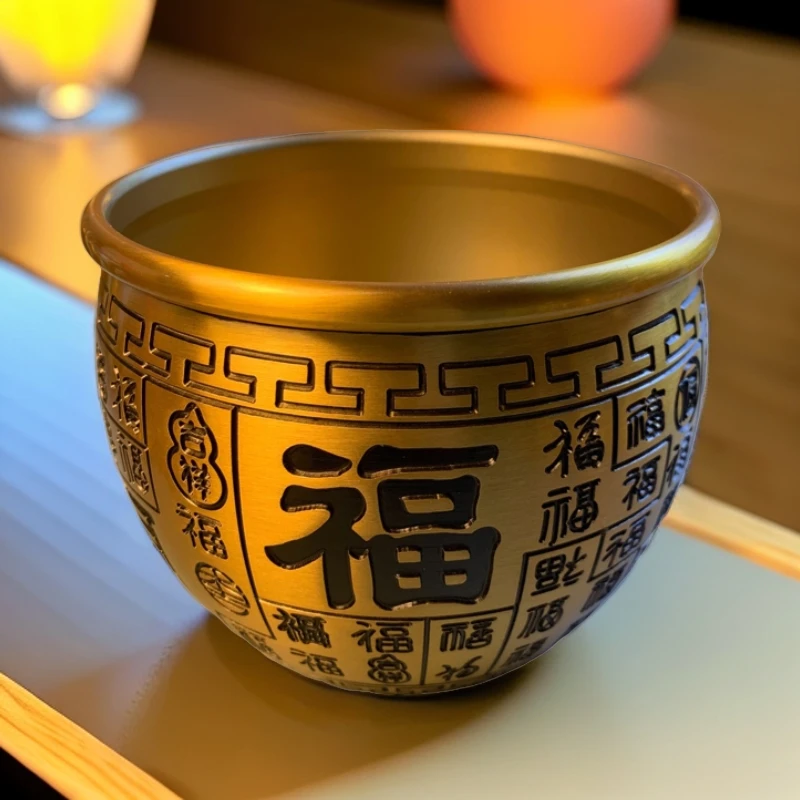 【钱氏铜器】无配件百福缸冰箱春黄铜米缸摆件居家办公室客厅
