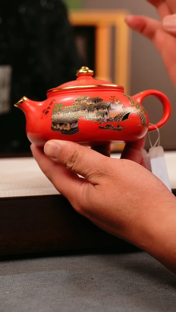 茶壶紫砂玫红朱泥 寒江 忆江南珐琅彩