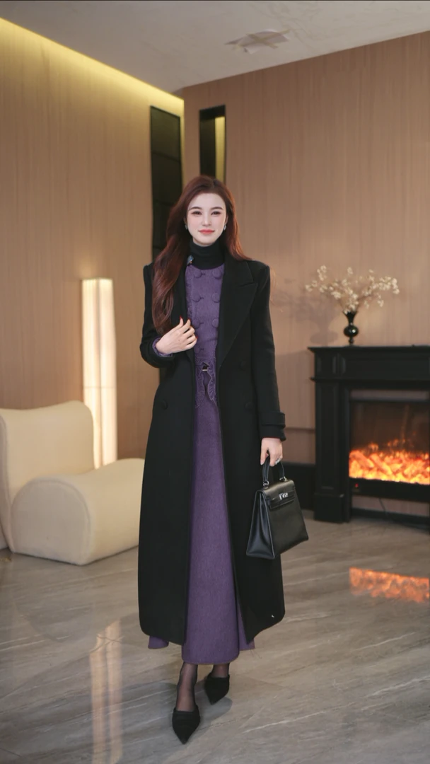 罗曼定制 原创设计黑色冬季大衣女厚款秋冬时尚高级感外套中长款