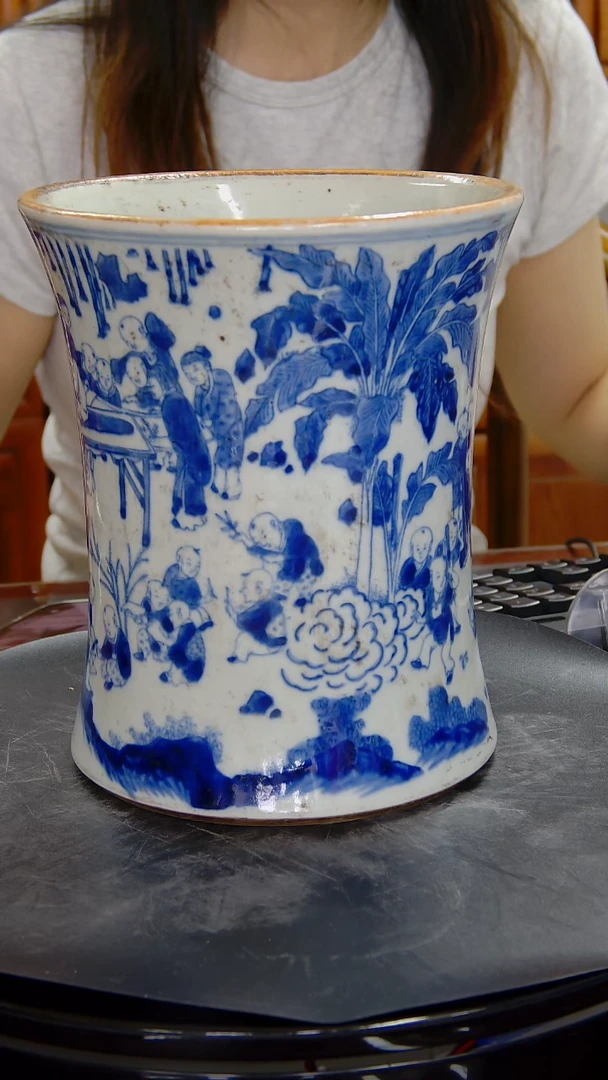 瓶青花束腰百子图笔筒#1374#