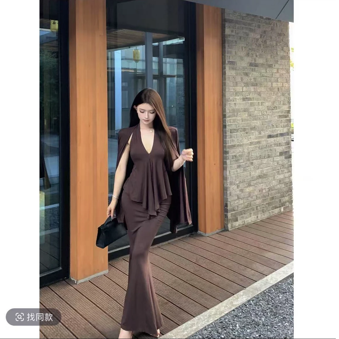 大码贵妇小妈风纯欲性感长袖开衫挂脖吊带包臀鱼尾长裙三件套4628