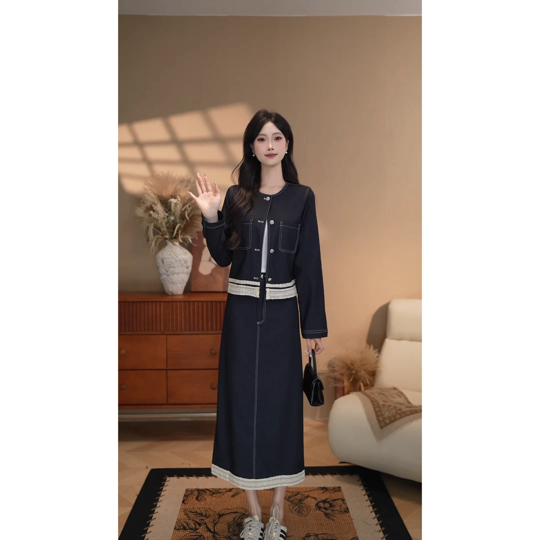 【温柔物语】显瘦气质长袖设计感蕾丝拼接外套+半身裙套装