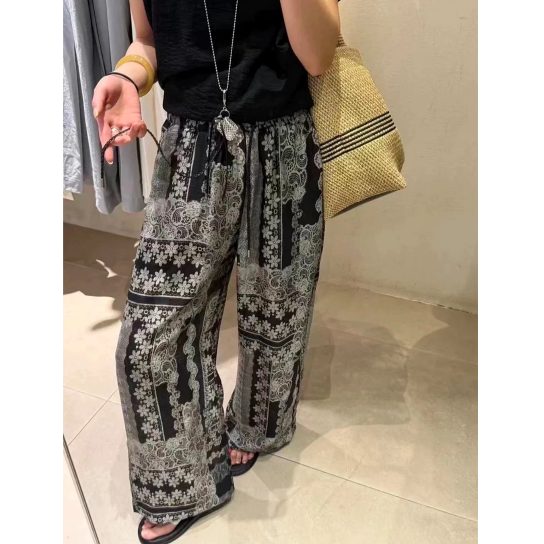 【抢！运补8】欧货复古印花抽绳阔腿裤女25夏新款宽松气质冰丝直筒裤