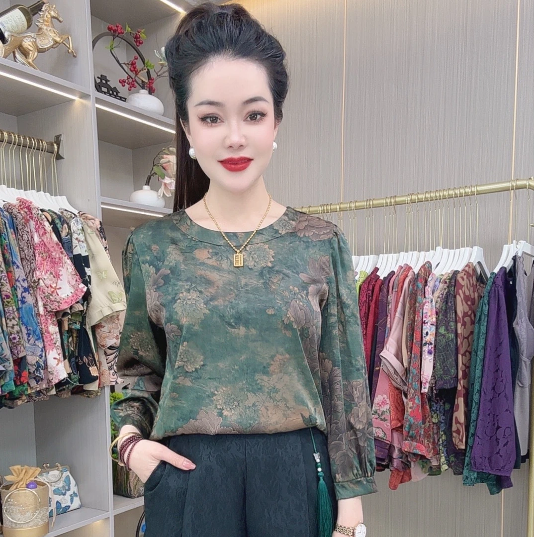 064【牡丹花】早春圆领长袖网色显瘦高端时尚大码气质妈妈装衬衫