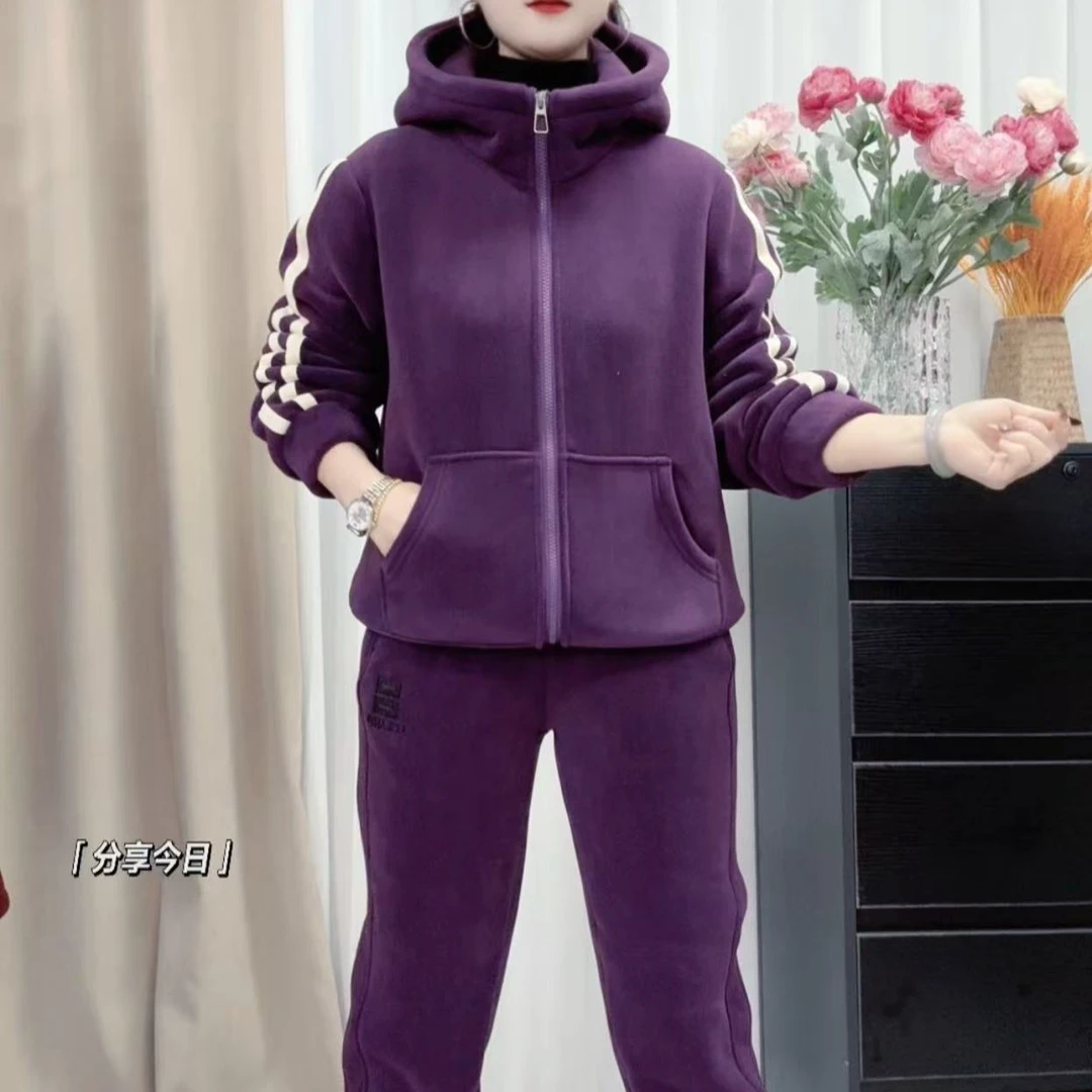 【润路精选】新款爆款加绒加厚时尚休闲洋气拉链连帽套装