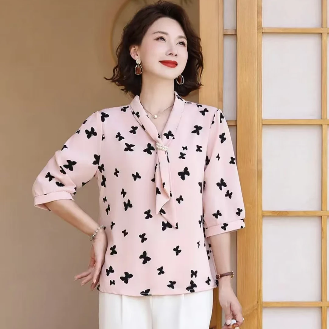 6121-中老年妈妈装新款气质T恤衫洋气中老年小衫送裤子